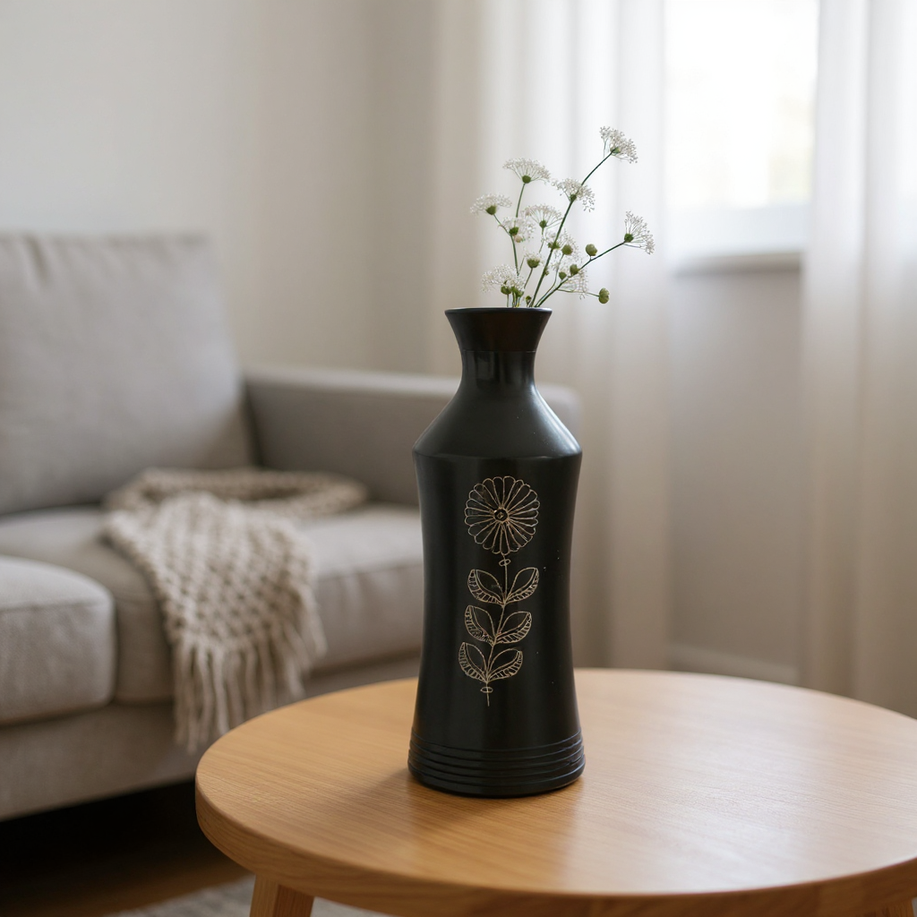 Nizamabad Black Pottery Narrow Neck Vase with Silver Engraving