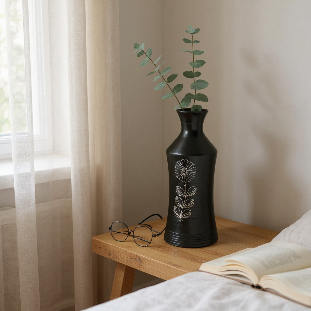 Nizamabad Black Pottery Narrow Neck Vase with Silver Engraving