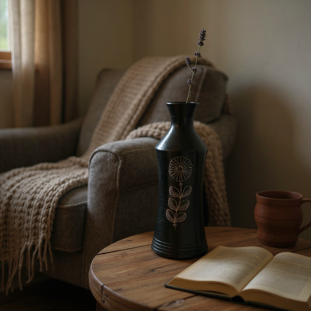 Nizamabad Black Pottery Narrow Neck Vase with Silver Engraving