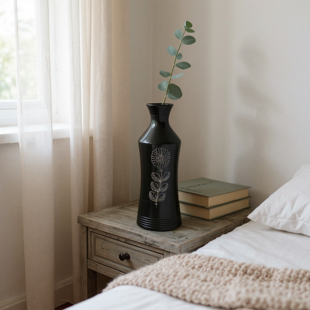 Nizamabad Black Pottery Narrow Neck Vase with Silver Engraving