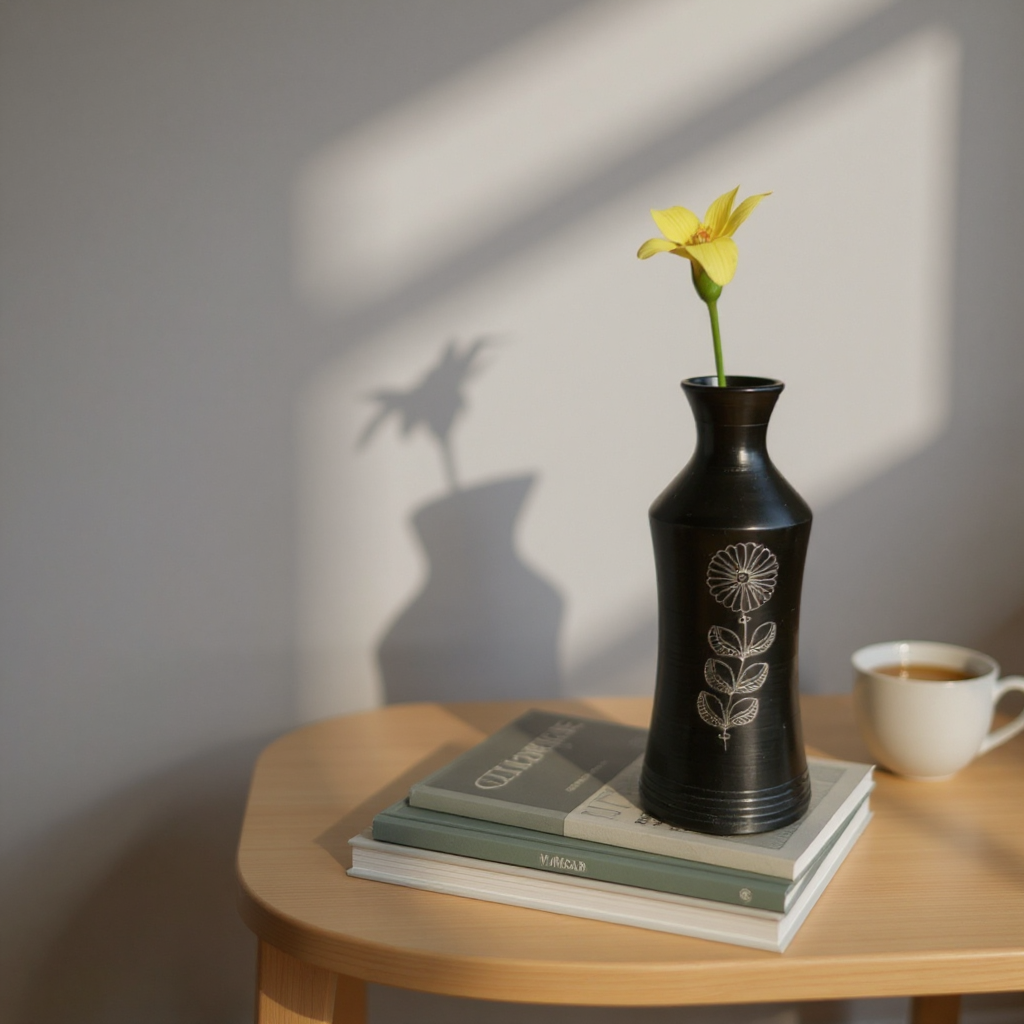 Nizamabad Black Pottery Narrow Neck Vase with Silver Engraving