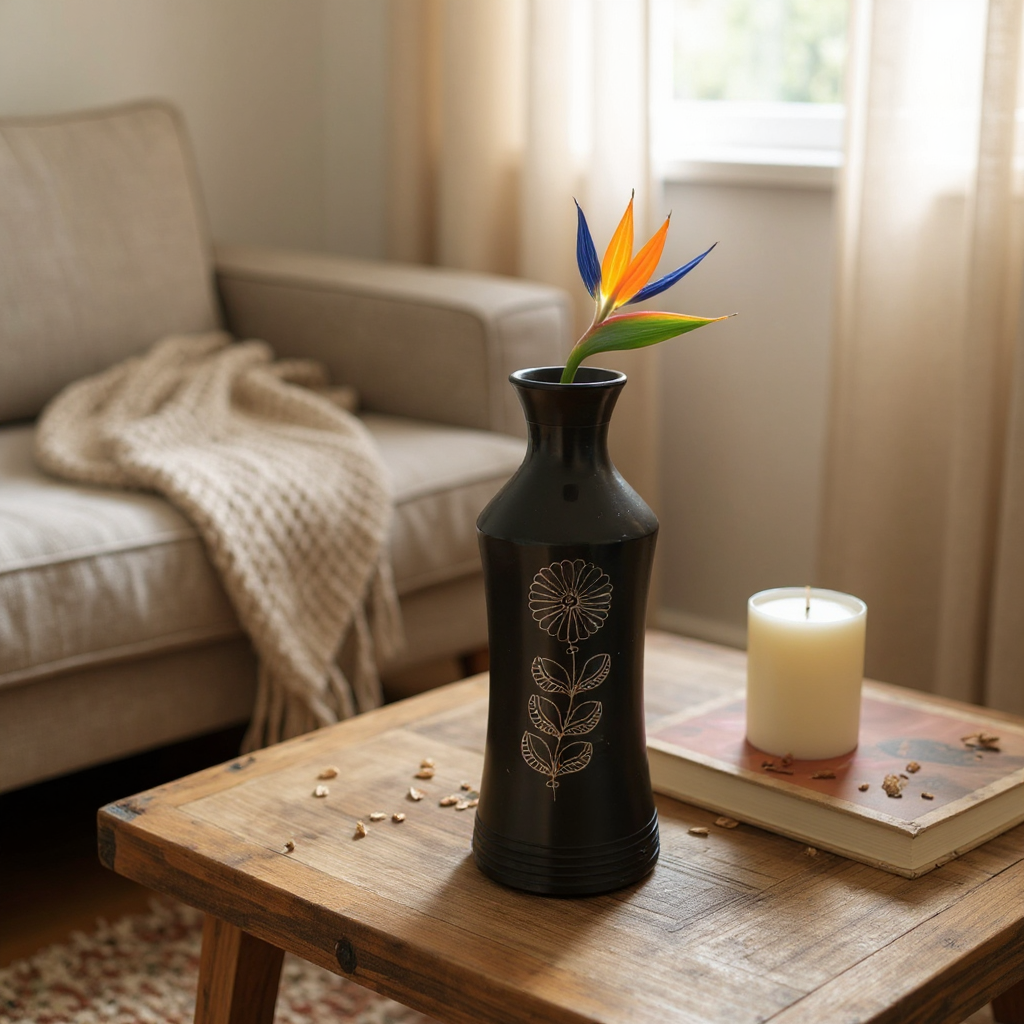 Nizamabad Black Pottery Narrow Neck Vase with Silver Engraving