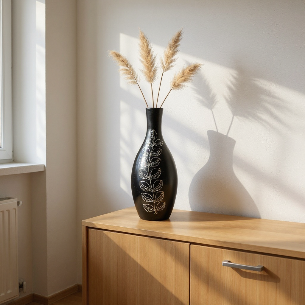 Nizamabad Black Pottery Teardrop vase with silver engravings