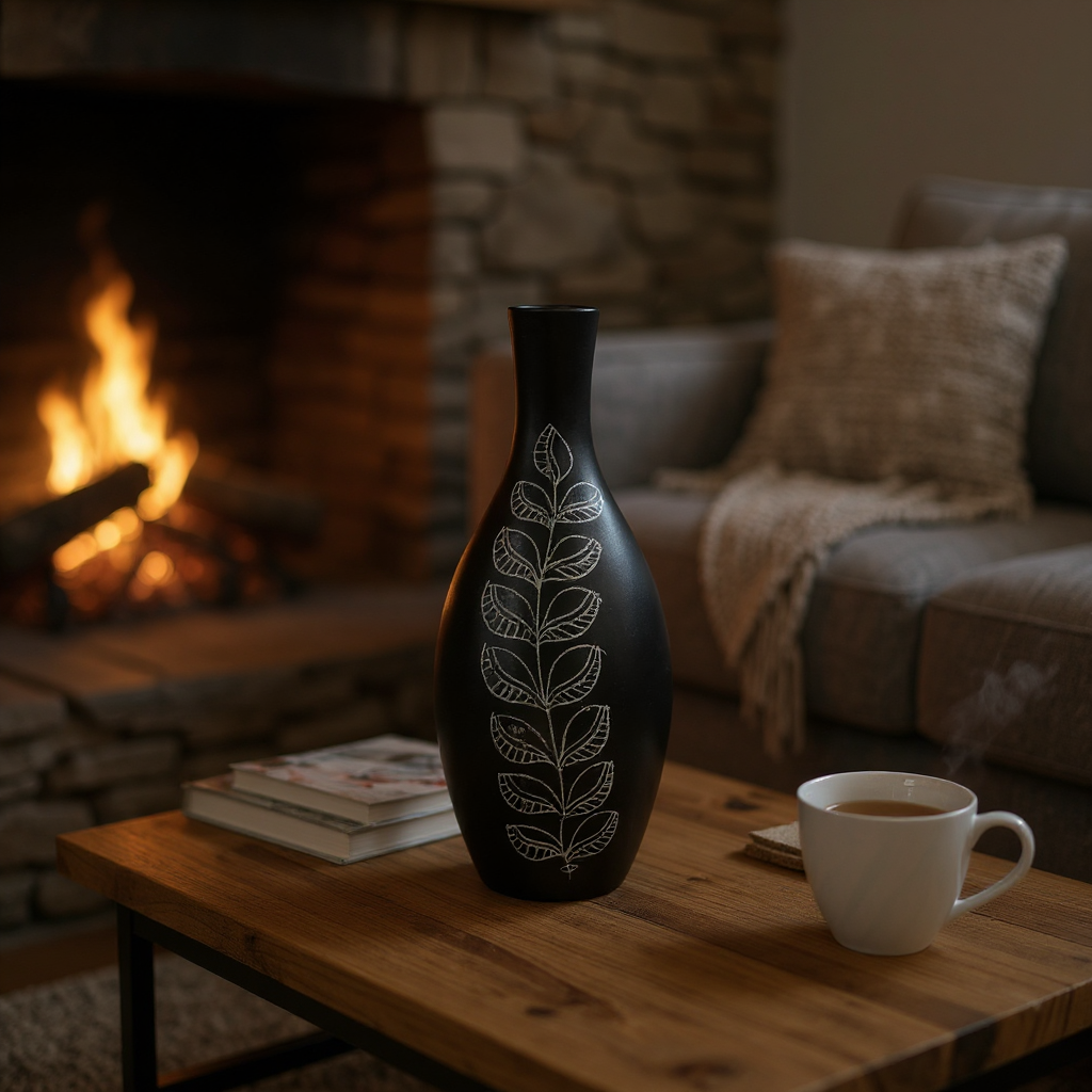 Nizamabad Black Pottery Teardrop vase with silver engravings