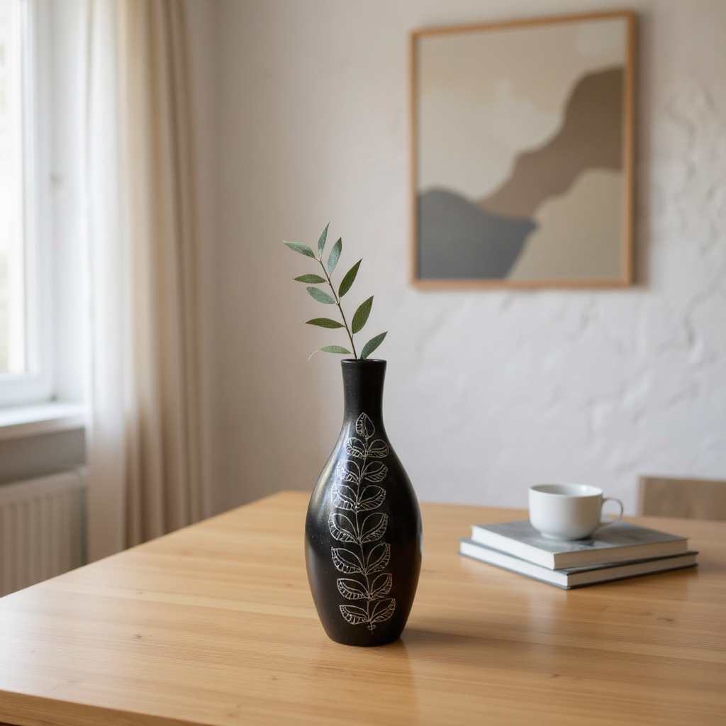 Nizamabad Black Pottery Teardrop vase with silver engravings