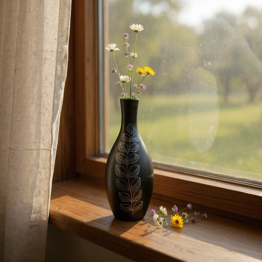 Nizamabad Black Pottery Teardrop vase with silver engravings