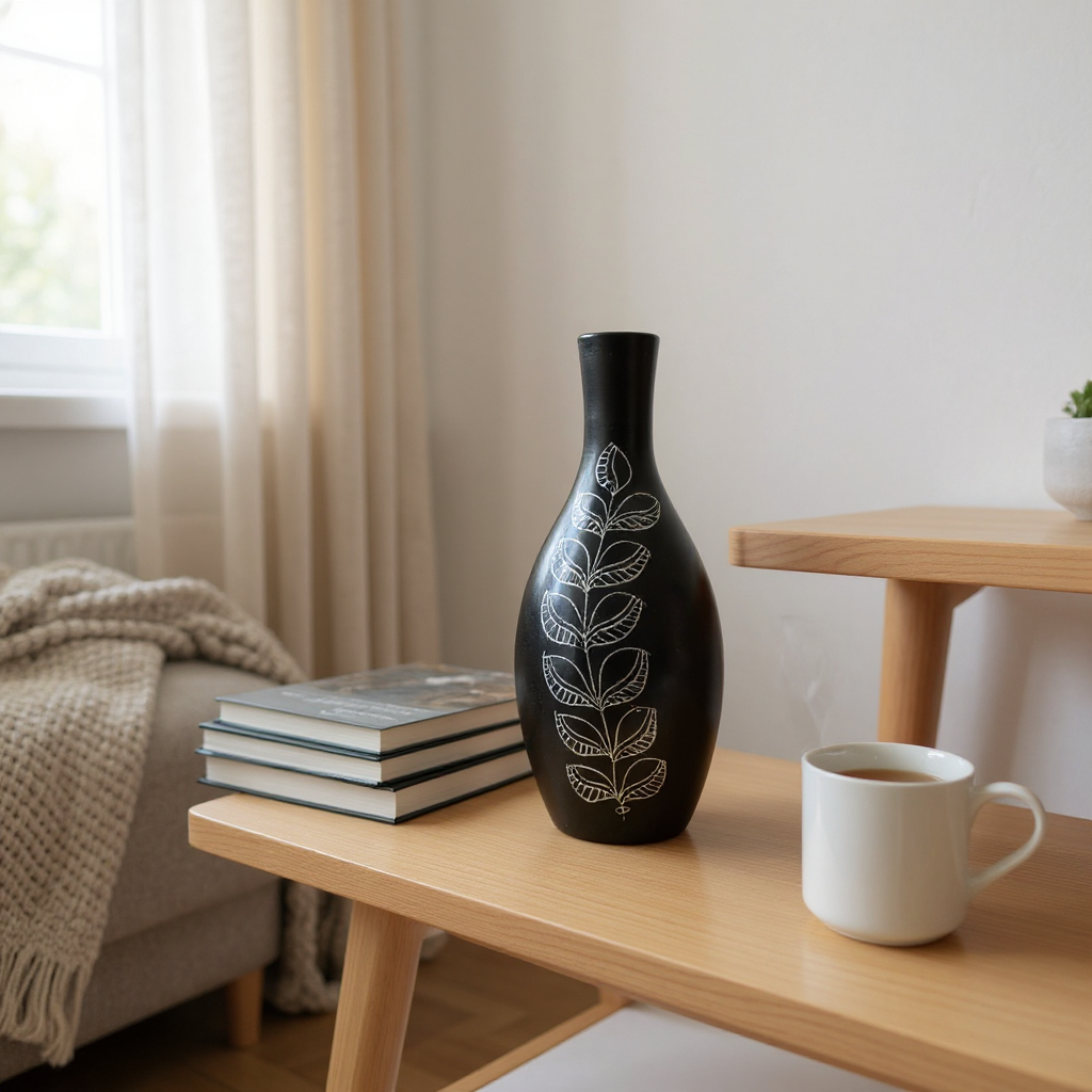 Nizamabad Black Pottery Teardrop vase with silver engravings