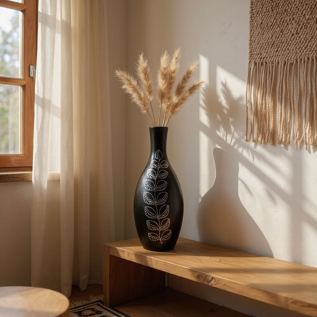 Nizamabad Black Pottery Teardrop vase with silver engravings