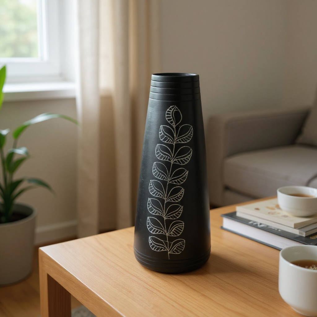 Nizamabad Black Pottery Tapered Vase with Silver Engraving
