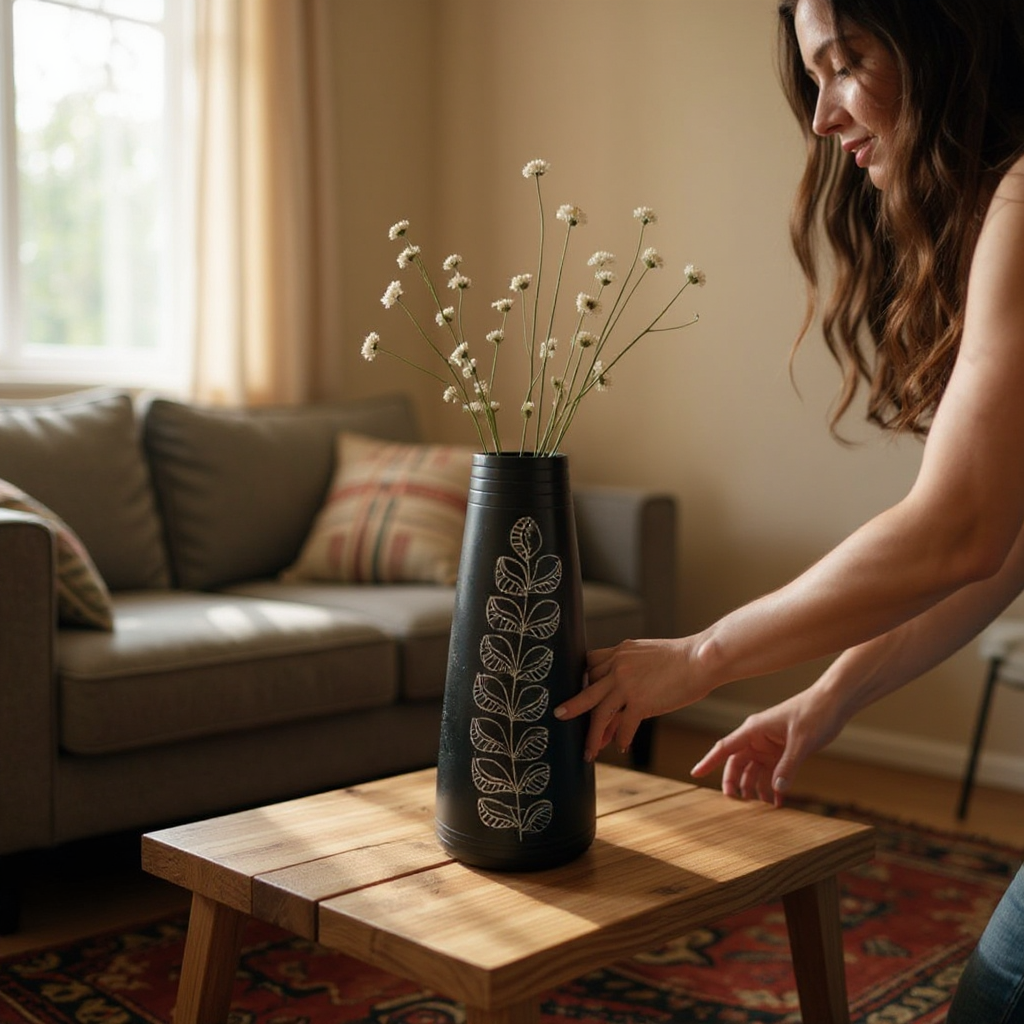 Nizamabad Black Pottery Tapered Vase with Silver Engraving