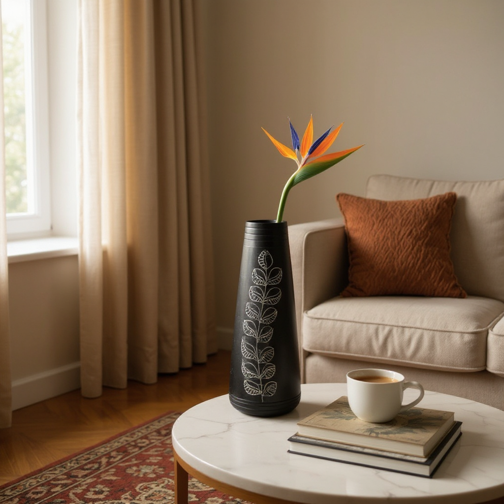 Nizamabad Black Pottery Tapered Vase with Silver Engraving