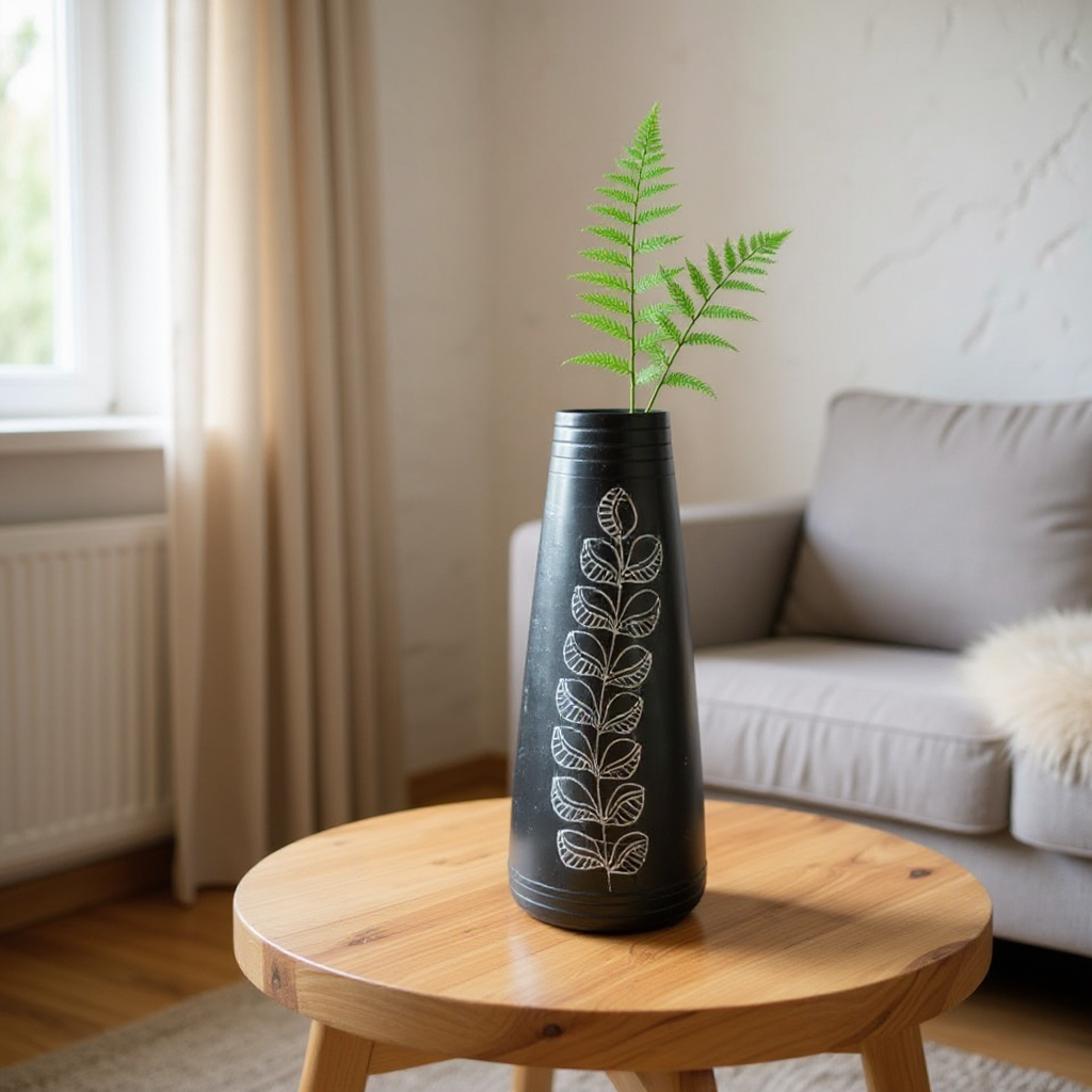 Nizamabad Black Pottery Tapered Vase with Silver Engraving