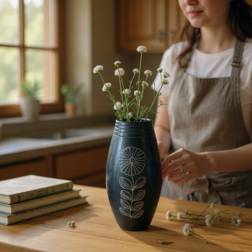 Nizamabad Black Pottery Barrel Vase with Silver Engraving