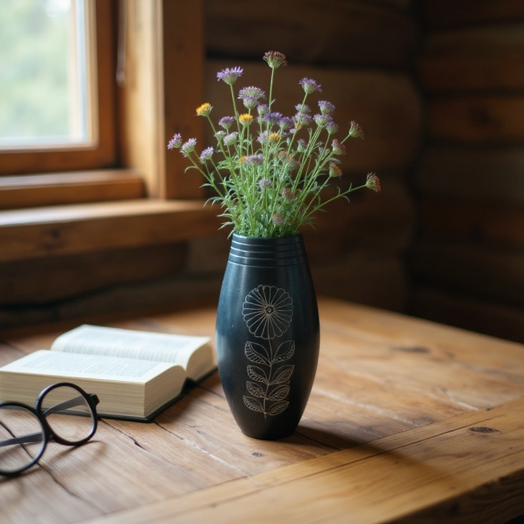 Nizamabad Black Pottery Barrel Vase with Silver Engraving