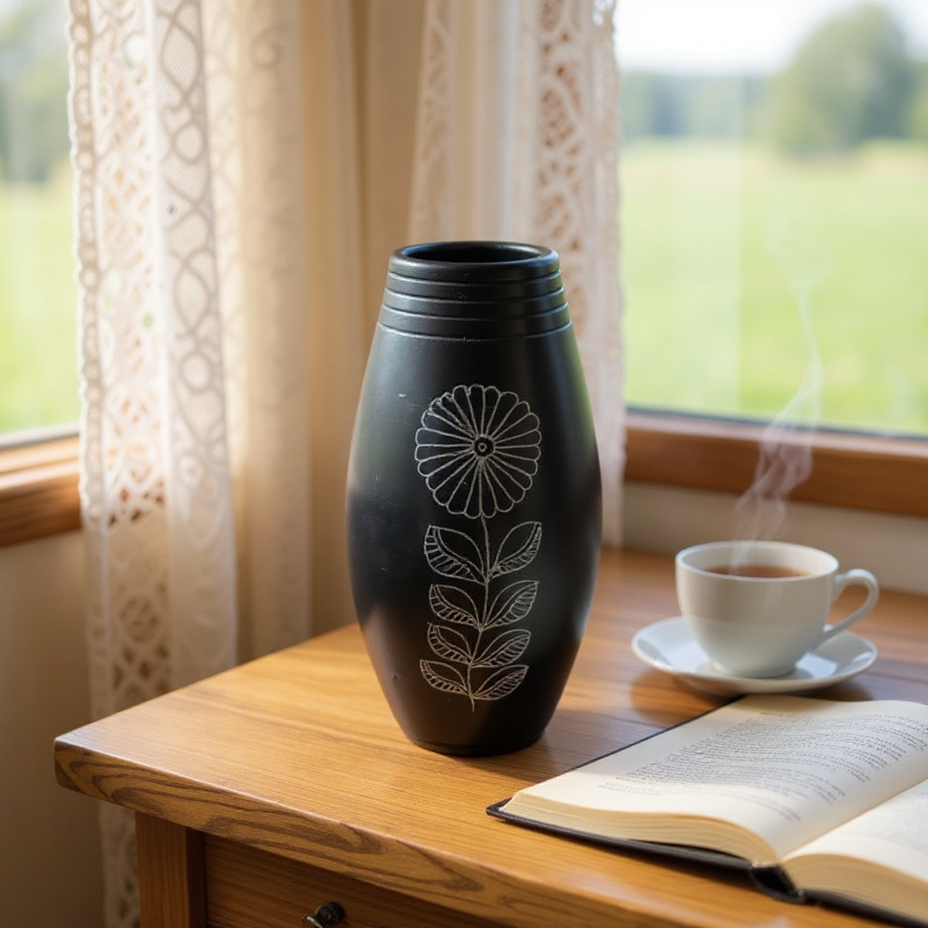 Nizamabad Black Pottery Barrel Vase with Silver Engraving