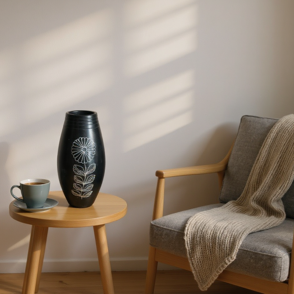 Nizamabad Black Pottery Barrel Vase with Silver Engraving