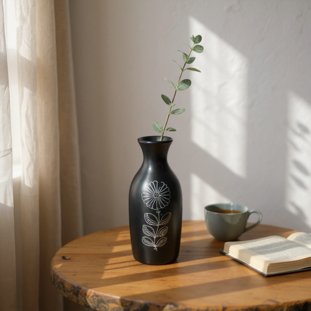 Nizamabad Black Pottery Bottle Vase with Silver Engraving