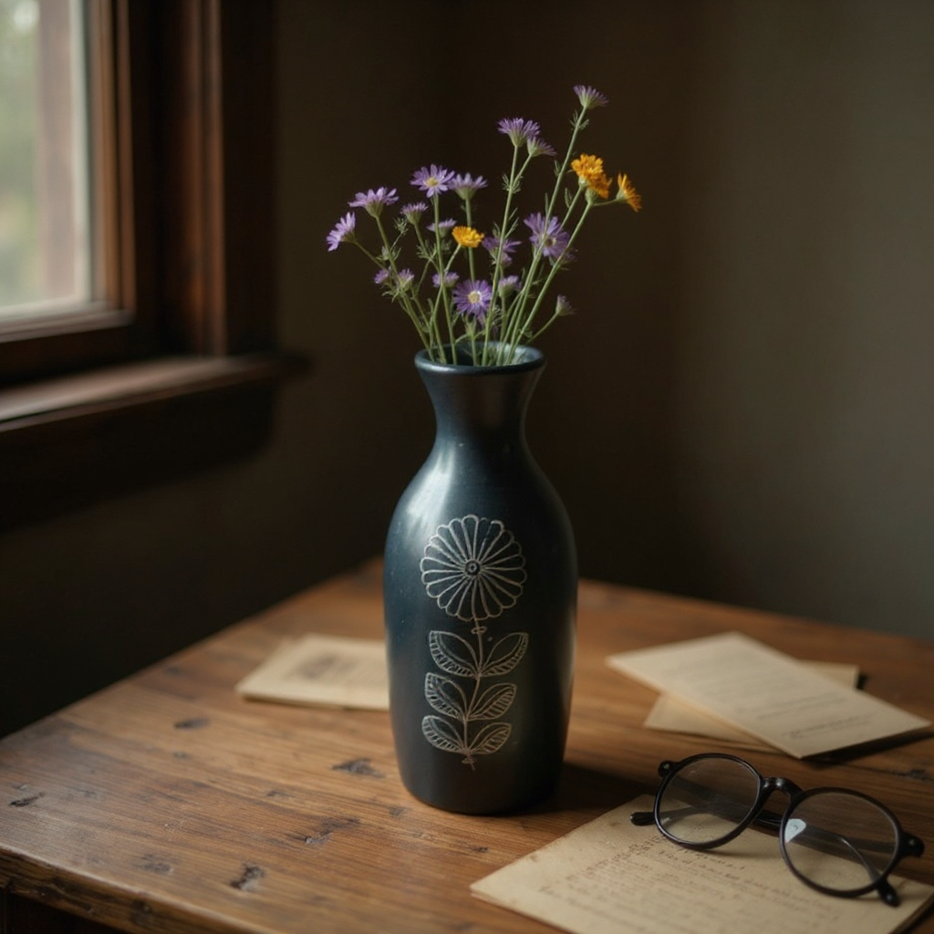 Nizamabad Black Pottery Bottle Vase with Silver Engraving