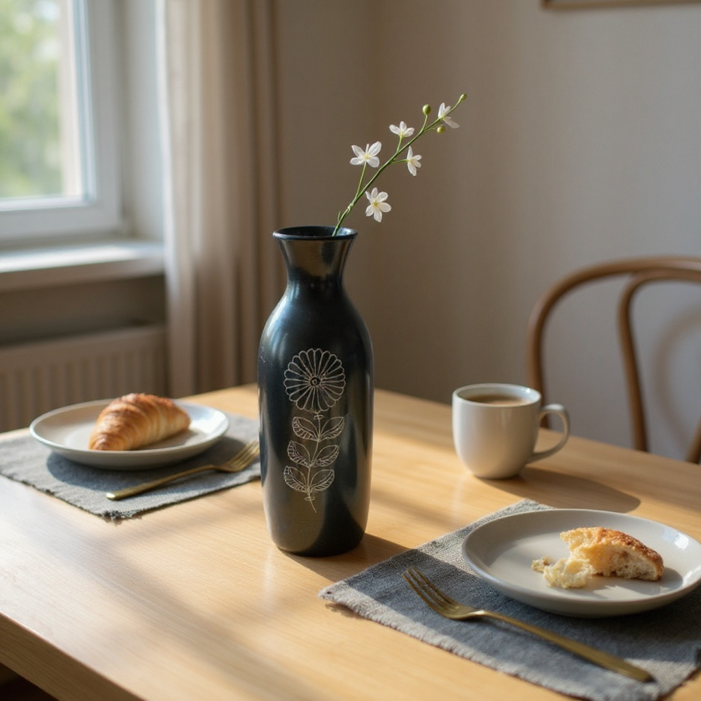 Nizamabad Black Pottery Bottle Vase with Silver Engraving