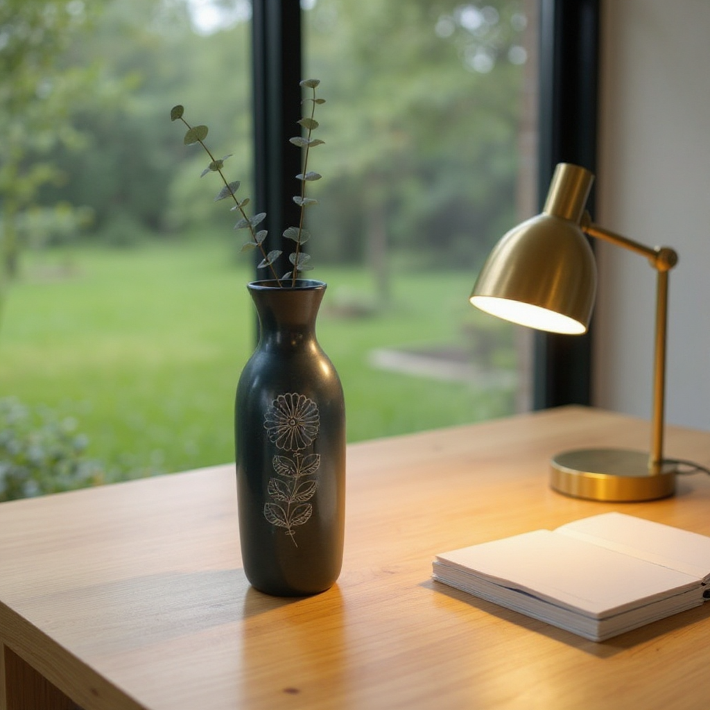 Nizamabad Black Pottery Bottle Vase with Silver Engraving