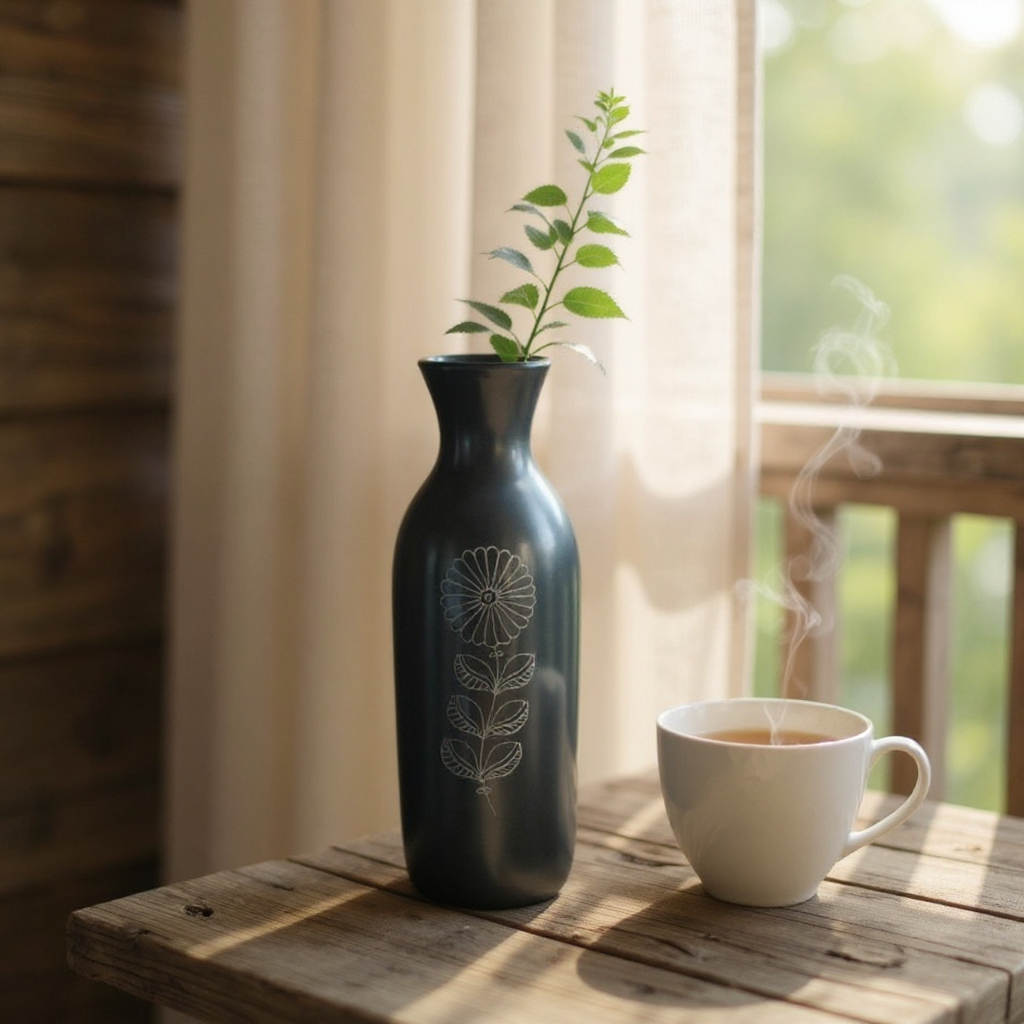 Nizamabad Black Pottery Bottle Vase with Silver Engraving