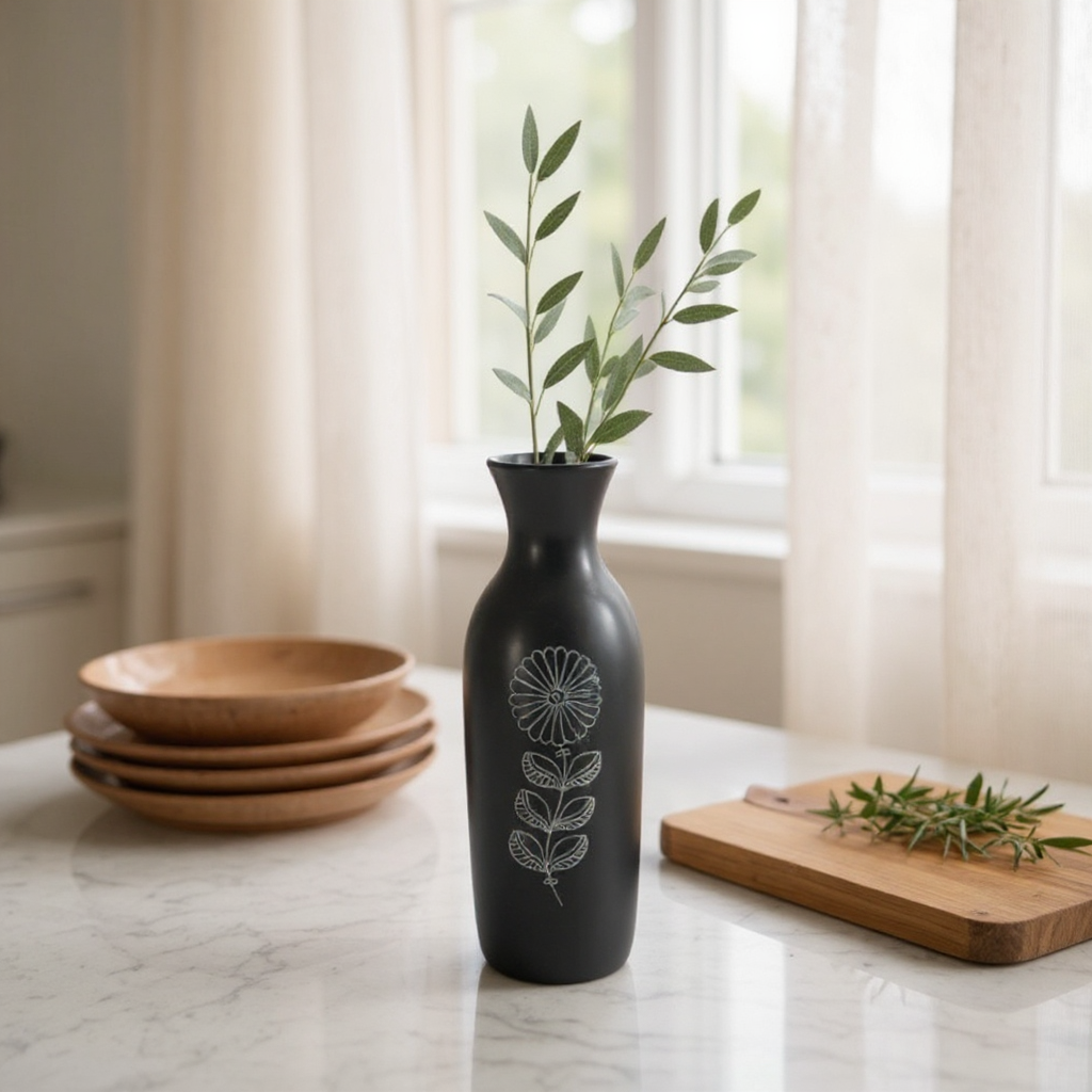 Nizamabad Black Pottery Bottle Vase with Silver Engraving