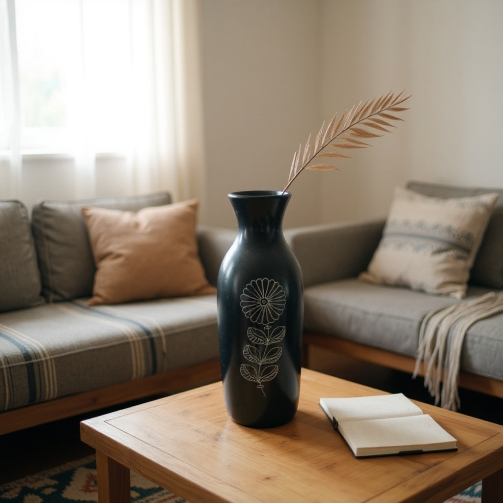 Nizamabad Black Pottery Bottle Vase with Silver Engraving