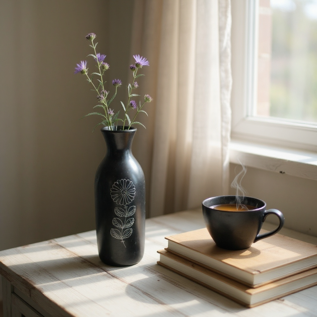 Nizamabad Black Pottery Bottle Vase with Silver Engraving