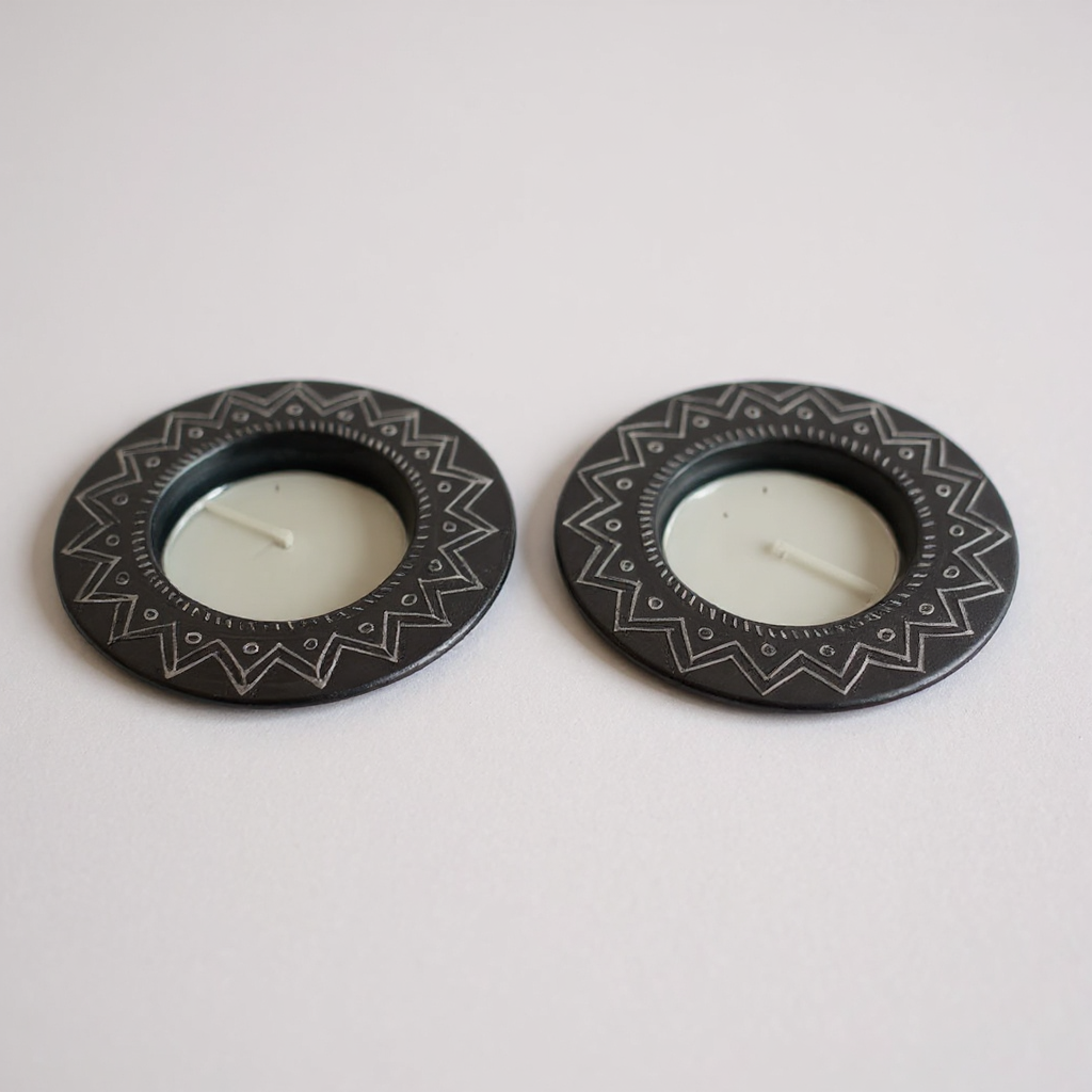 Nizamabad Black Pottery T Light Holder - Set of 2