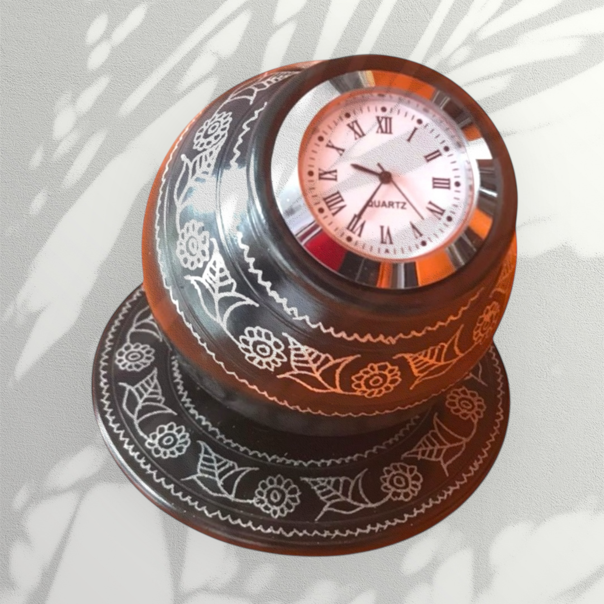Nizamabad Black Pottery Desk Clock with Silver Inlay