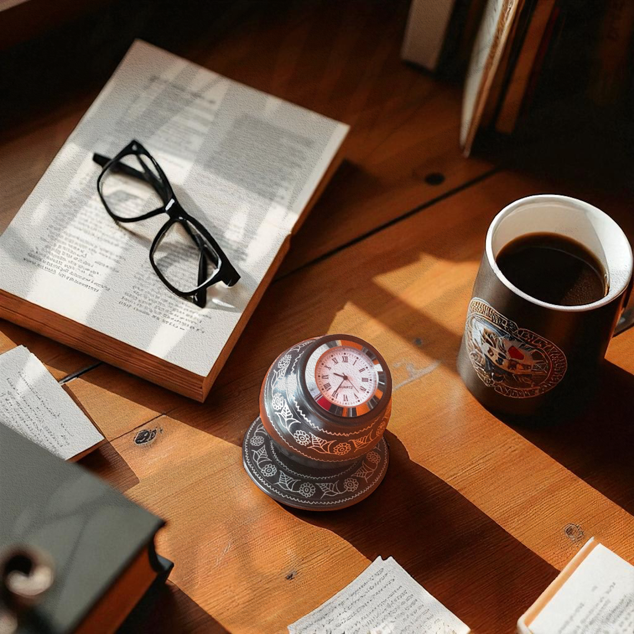 Nizamabad Black Pottery Desk Clock with Silver Inlay