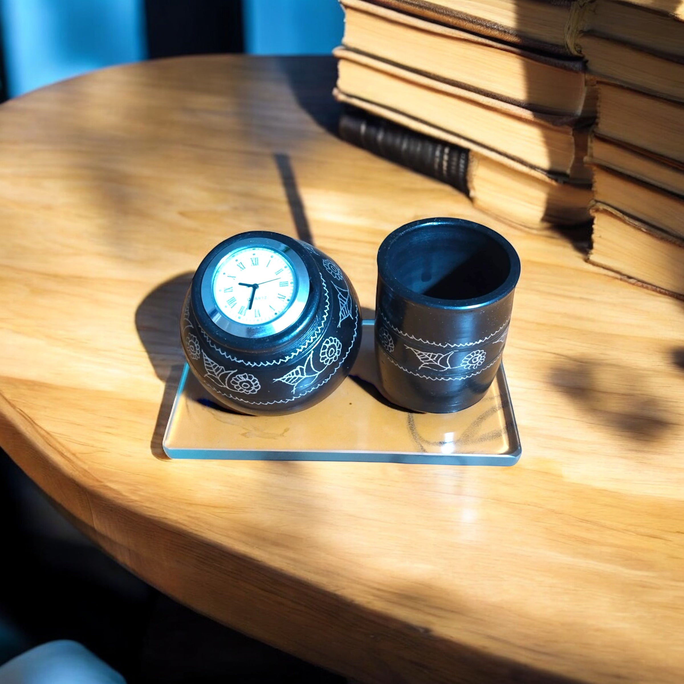 Timeless Desk Duo – Black Pottery Clock & Pen Holder Set