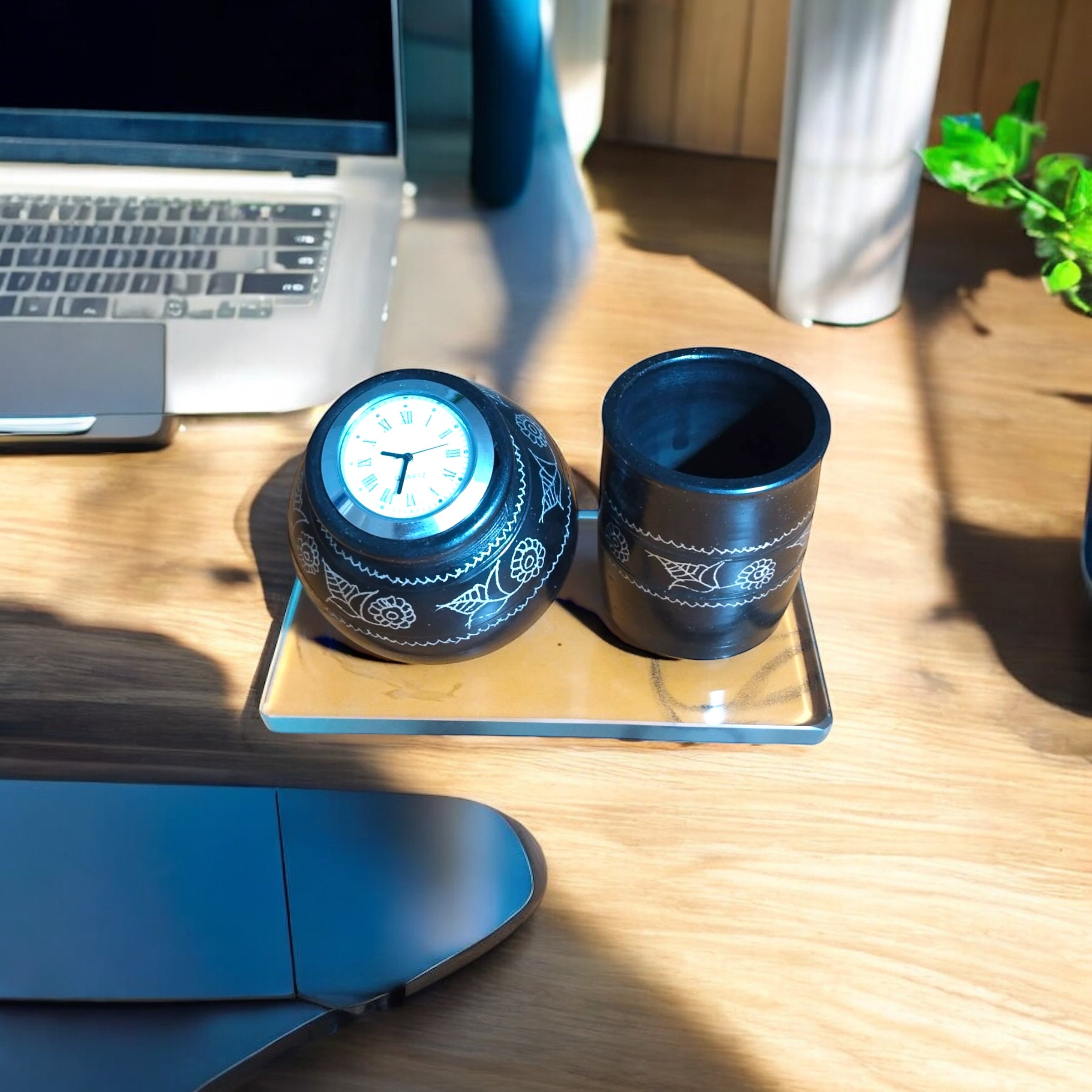 Timeless Desk Duo – Black Pottery Clock & Pen Holder Set
