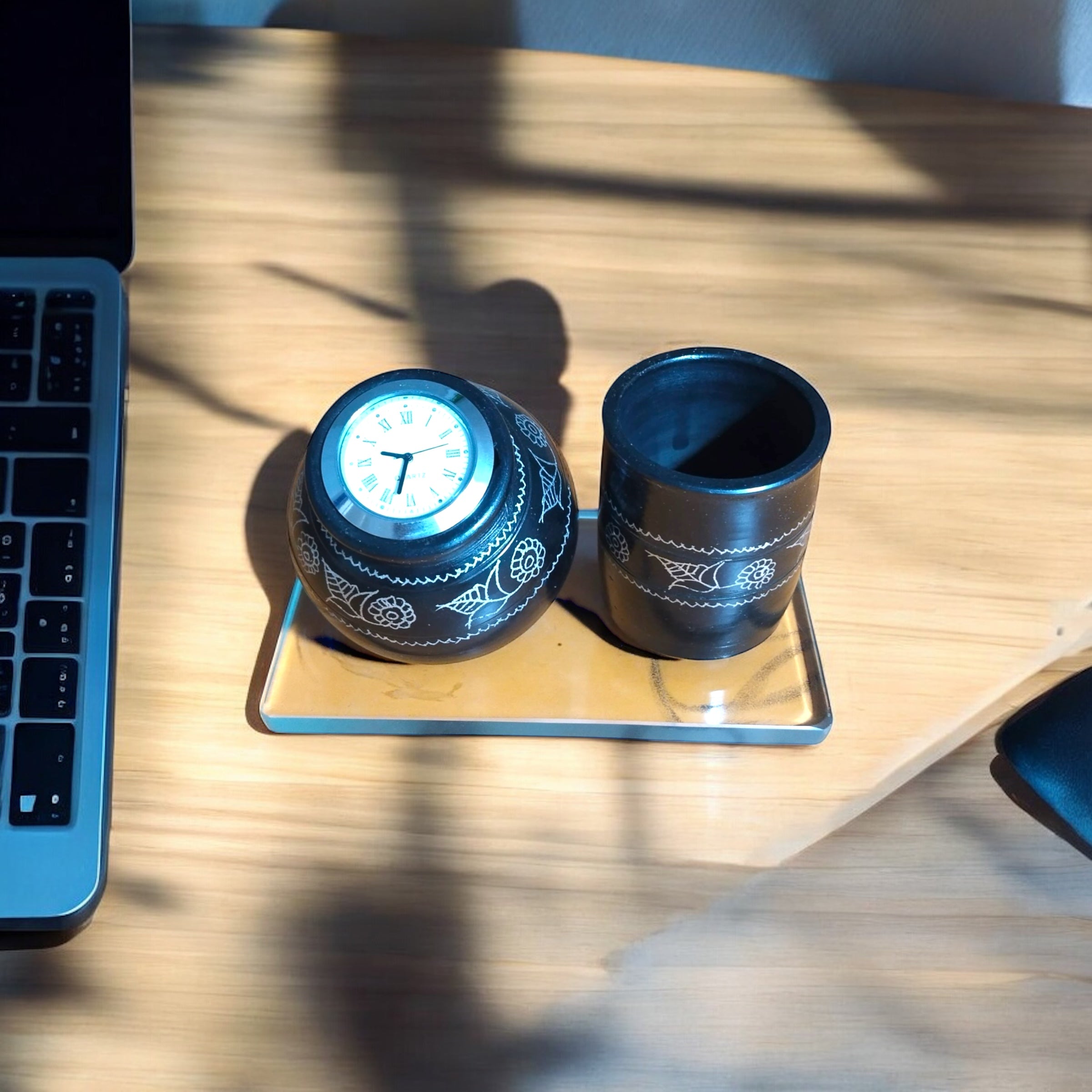 Timeless Desk Duo – Black Pottery Clock & Pen Holder Set