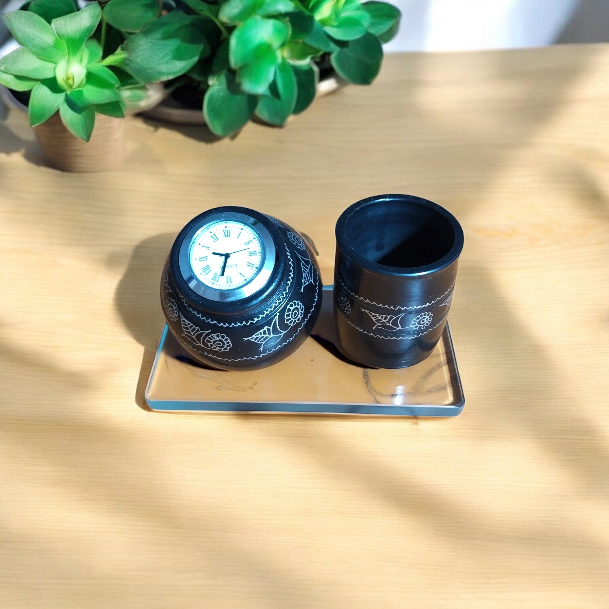 Timeless Desk Duo – Black Pottery Clock & Pen Holder Set
