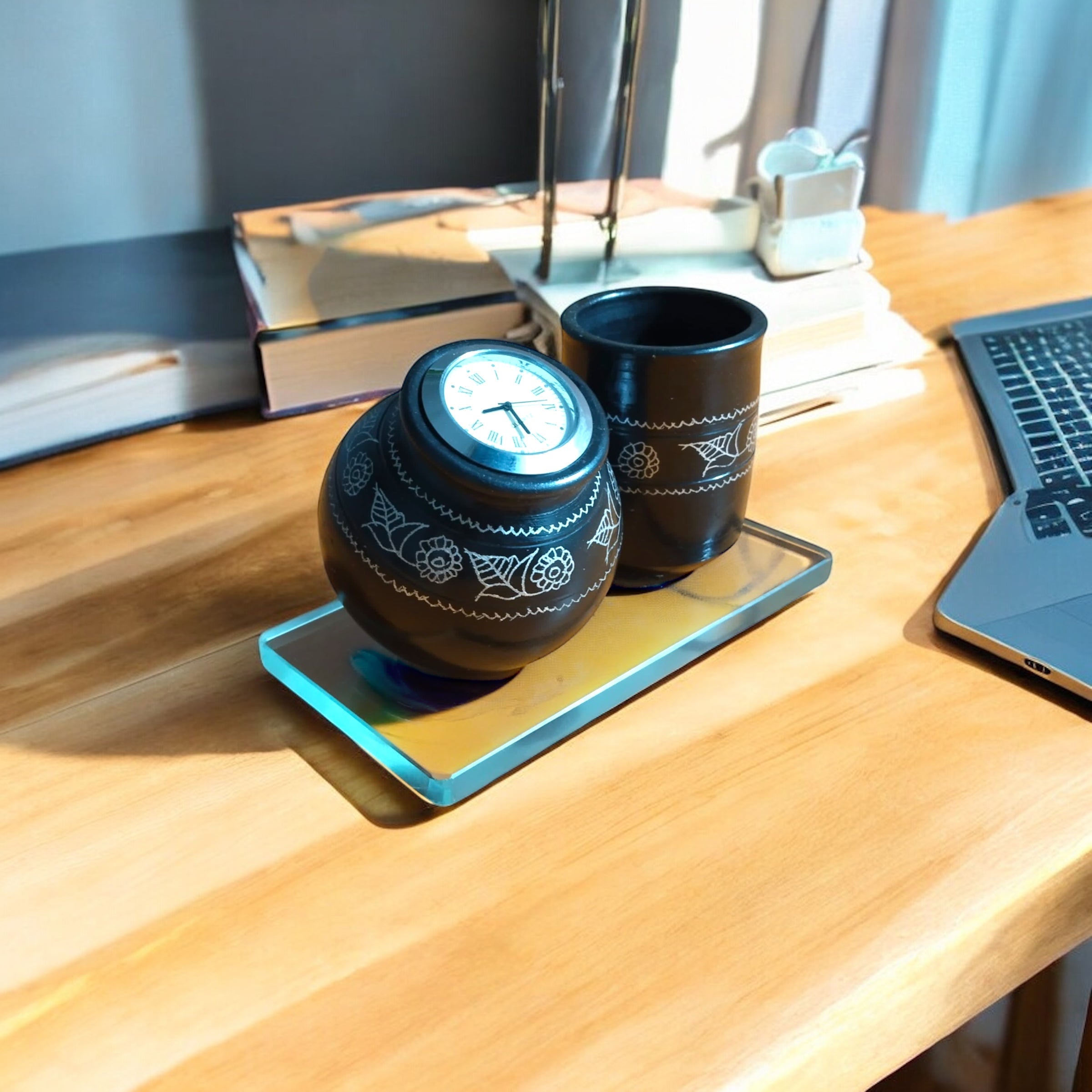 Timeless Desk Duo – Black Pottery Clock & Pen Holder Set