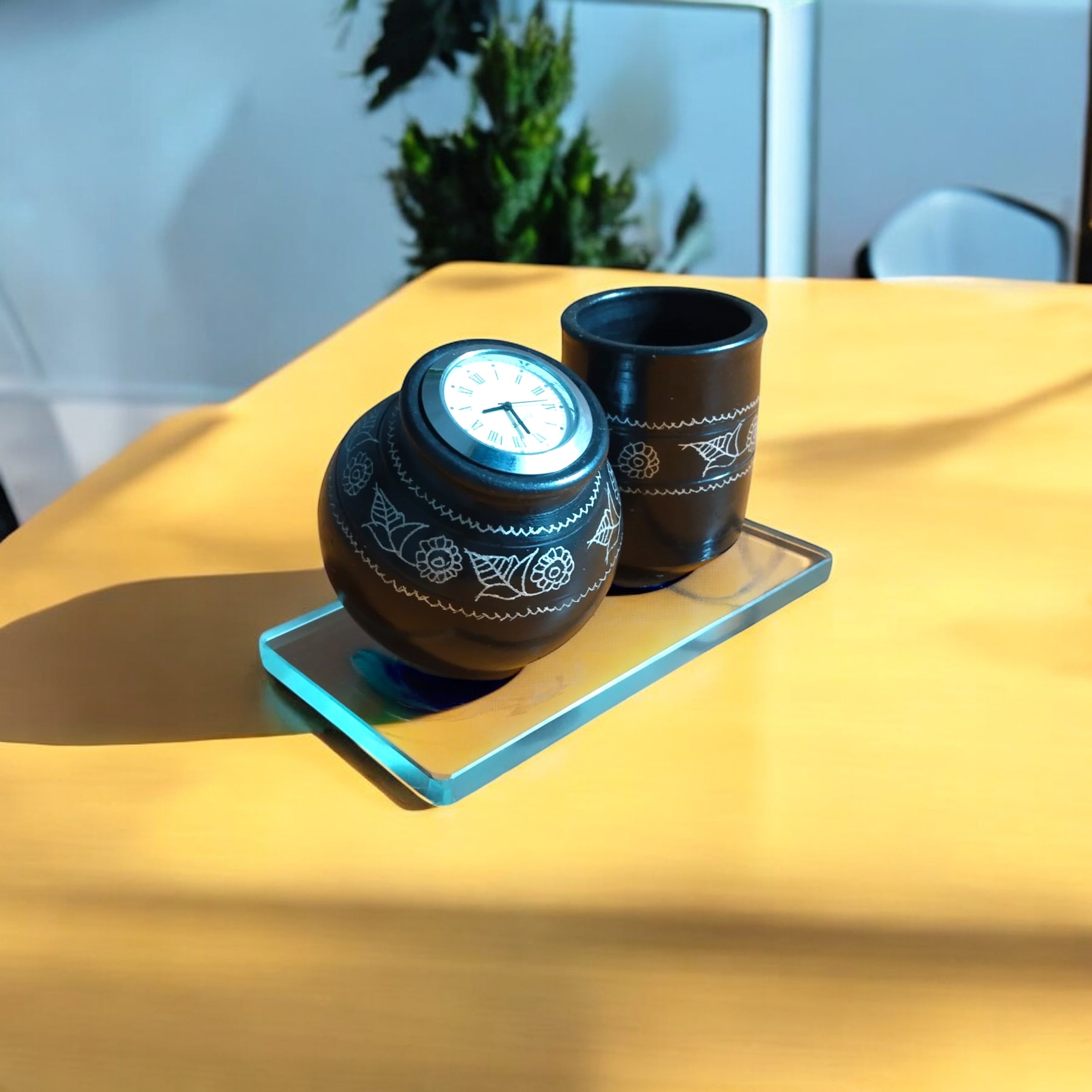 Timeless Desk Duo – Black Pottery Clock & Pen Holder Set