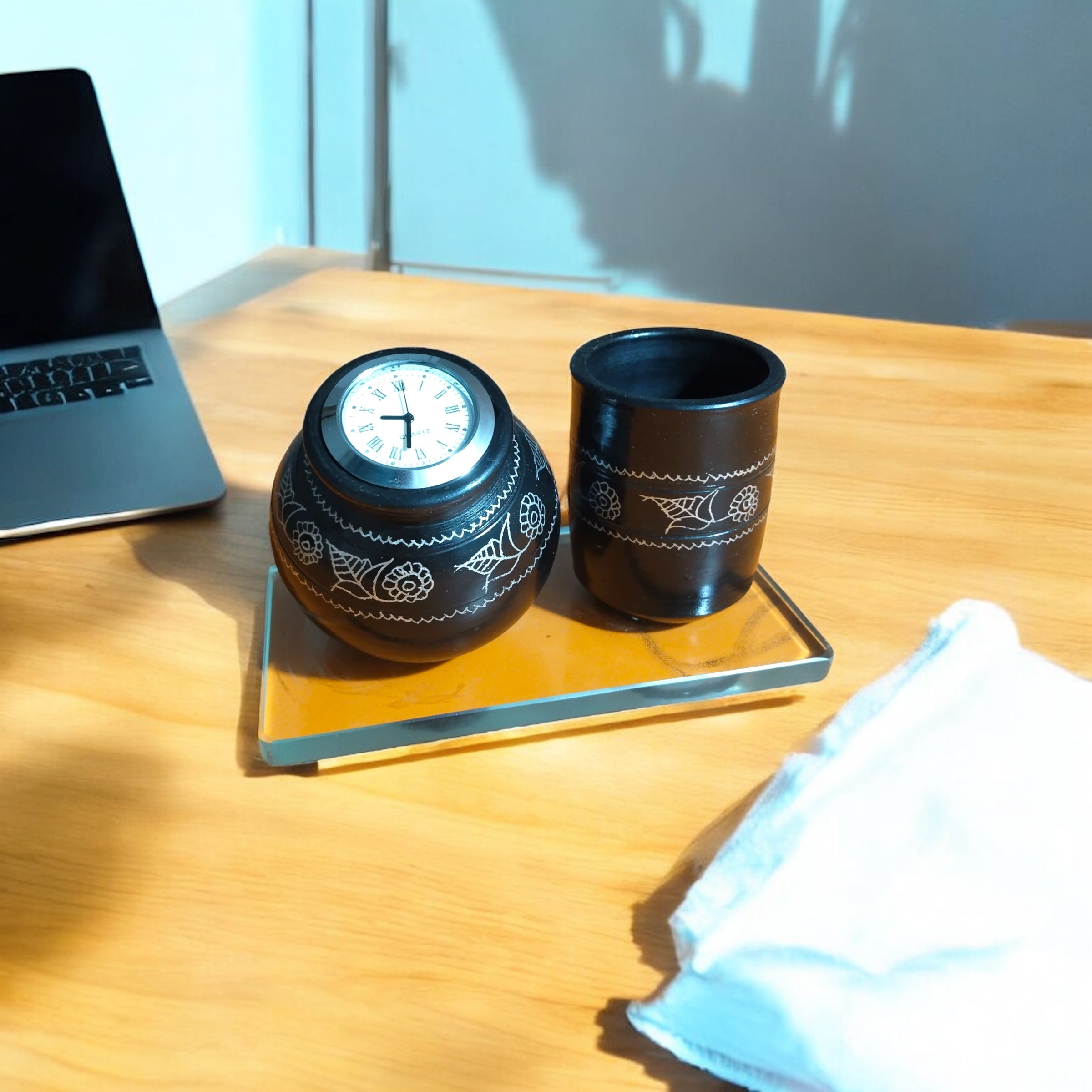 Timeless Desk Duo – Black Pottery Clock & Pen Holder Set