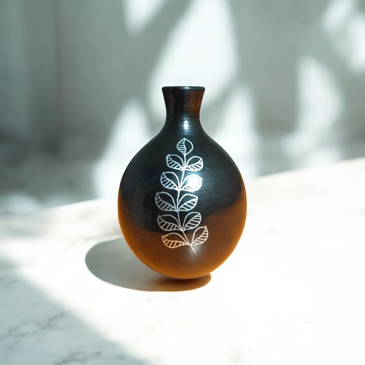 Nizamabad Black Pottery Bulb Vase with Silver Engraving