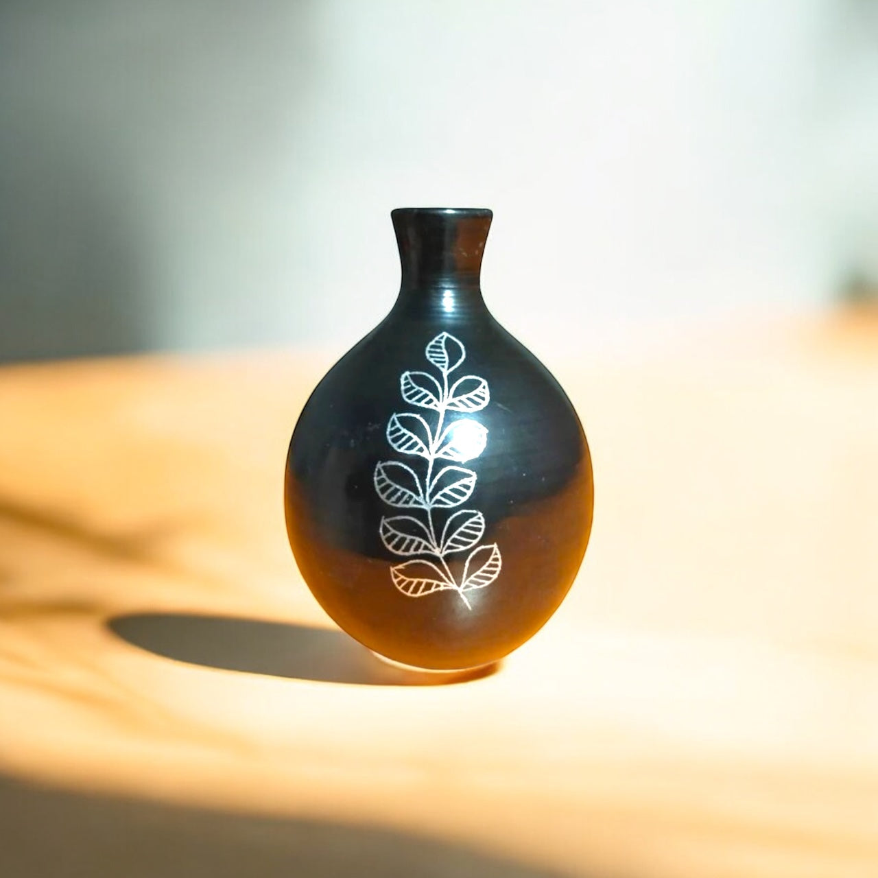 Nizamabad Black Pottery Bulb Vase with Silver Engraving
