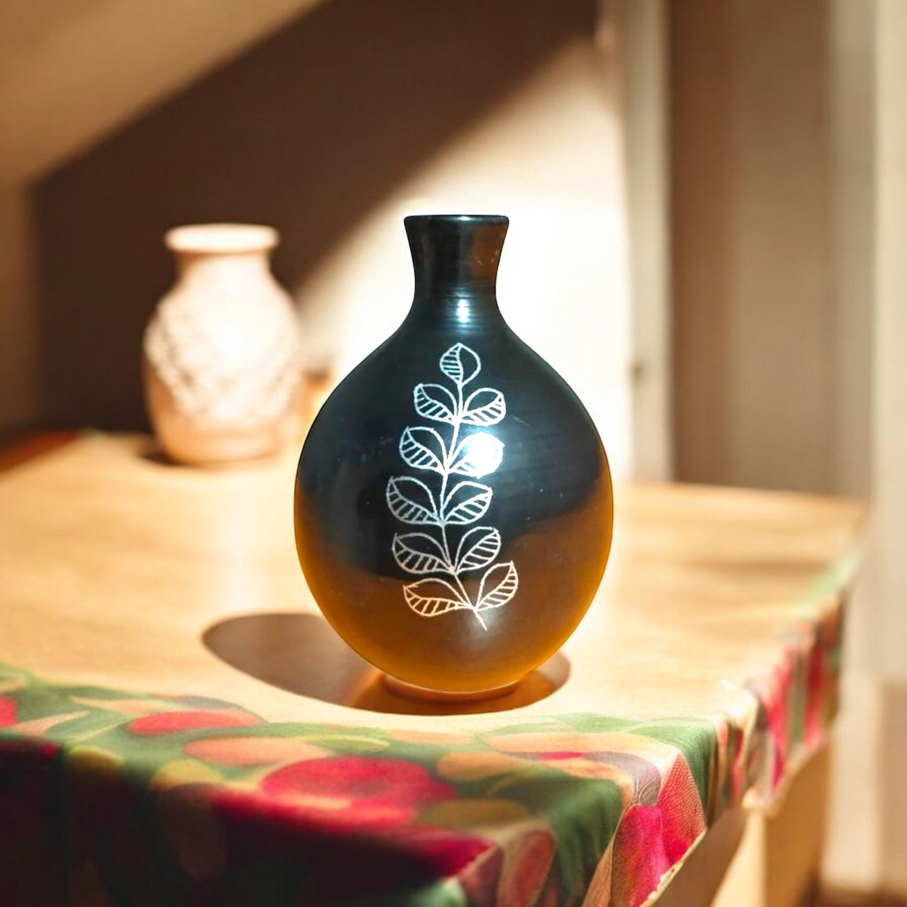 Nizamabad Black Pottery Bulb Vase with Silver Engraving