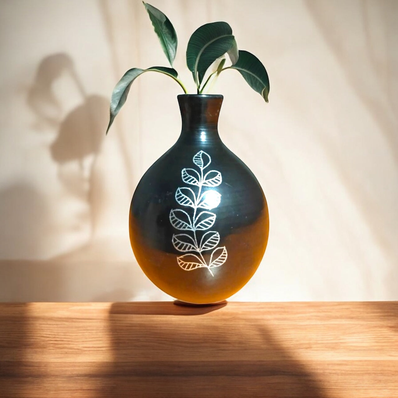 Nizamabad Black Pottery Bulb Vase with Silver Engraving