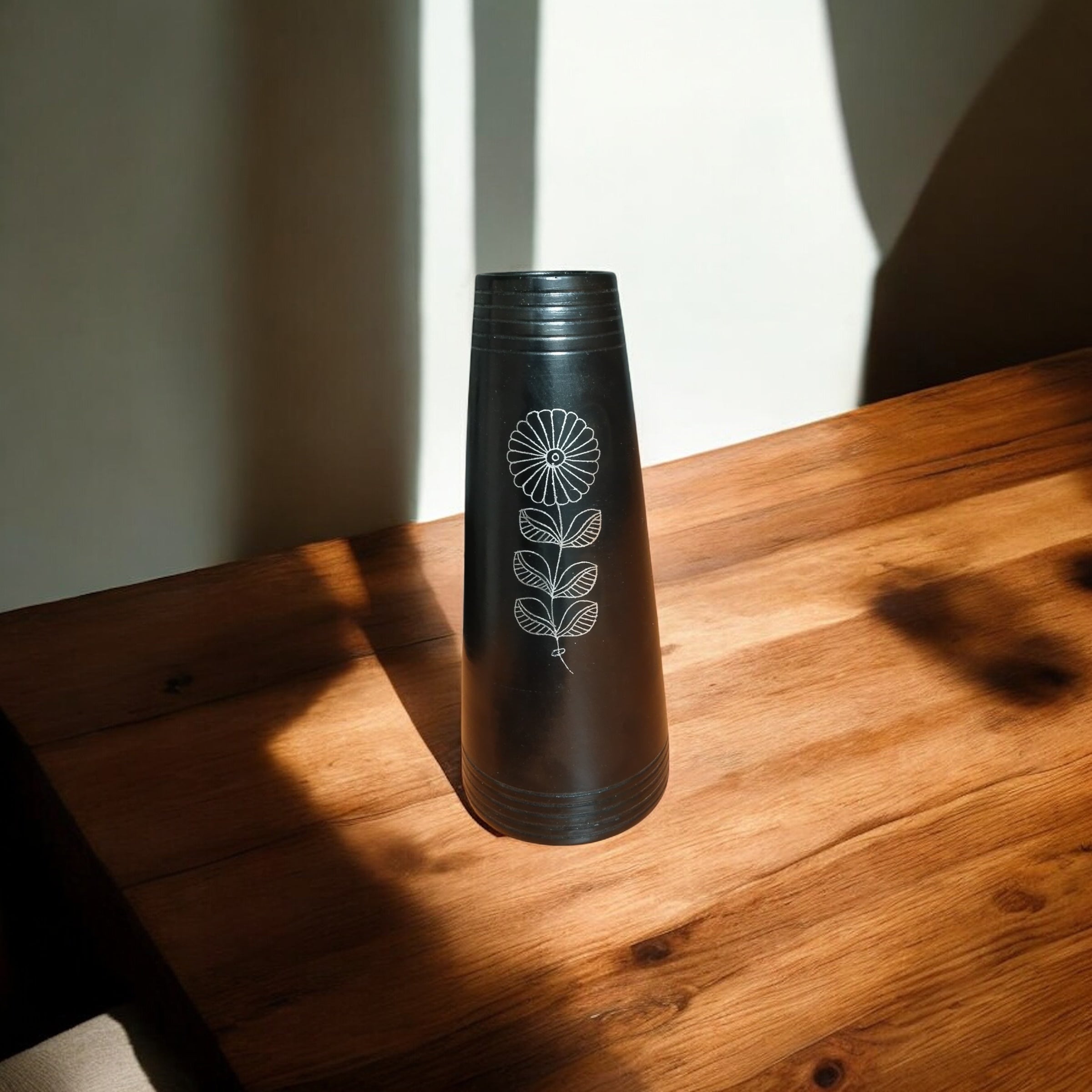 Nizamabad Black Pottery Tapered Vase with Silver Engraving