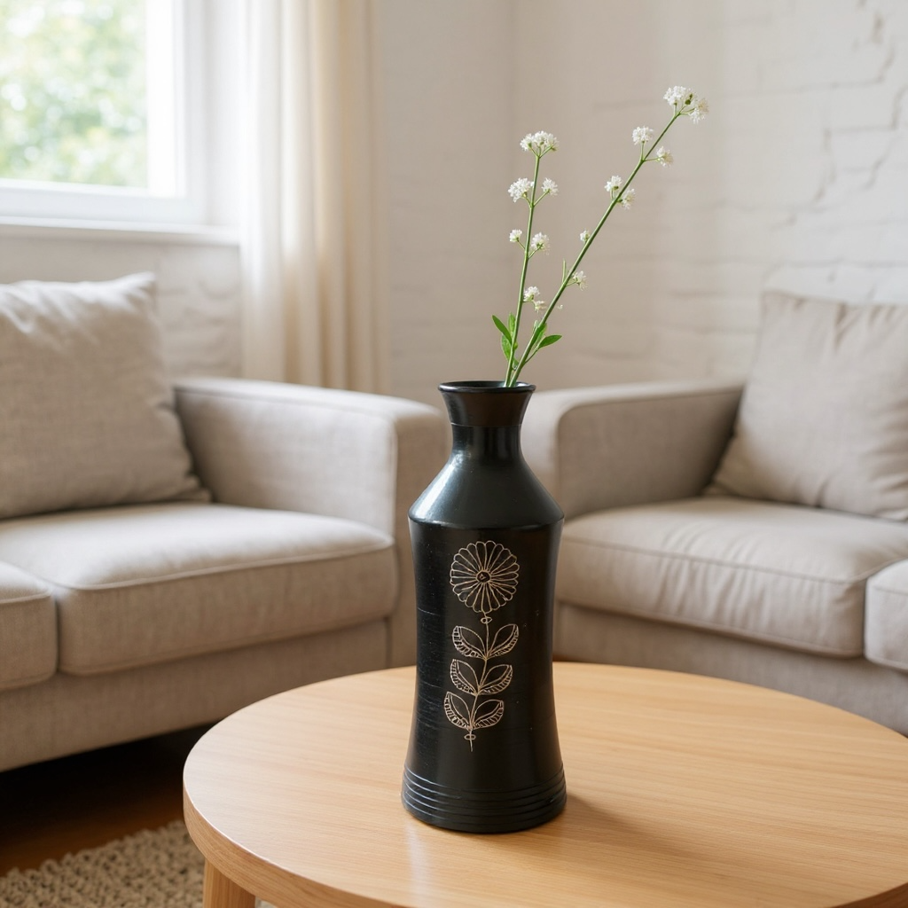 Nizamabad Black Pottery Narrow Neck Vase with Silver Engraving